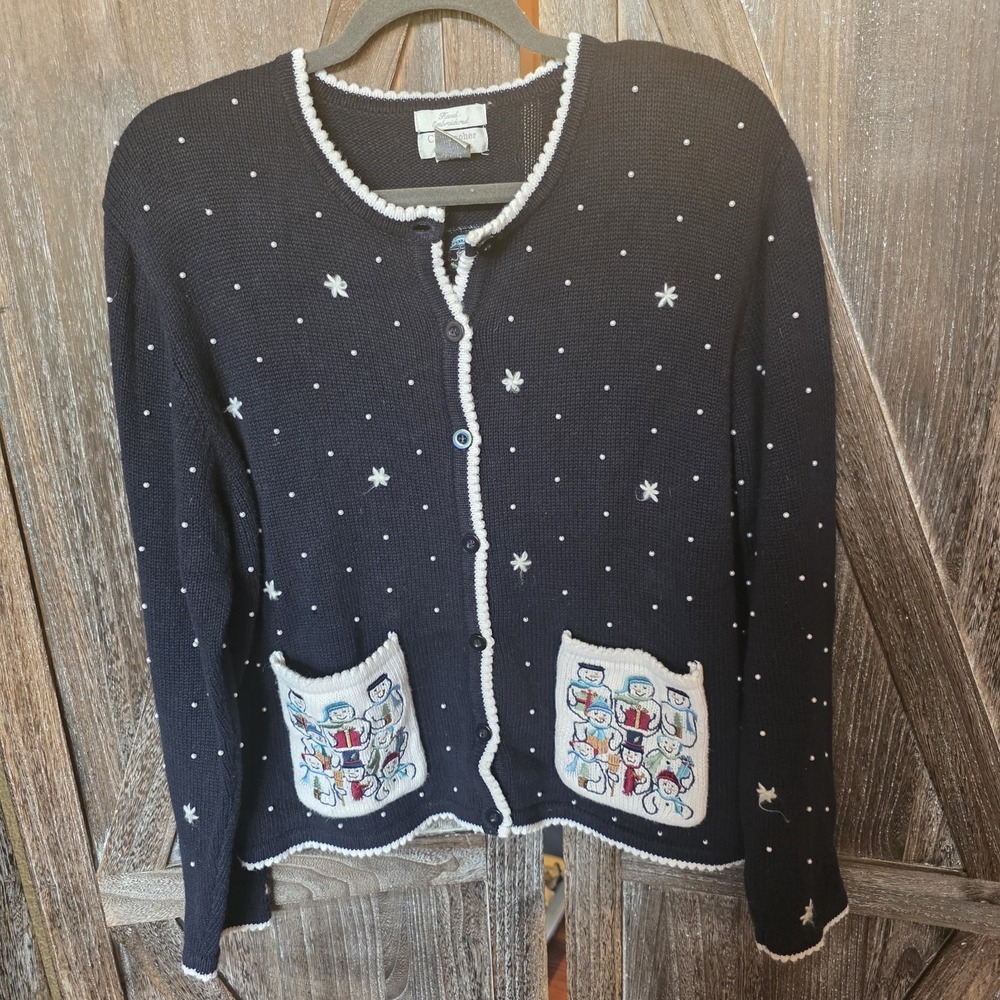 Christopher & Banks Sweater Women's Size Large Navy Blue Embroidered Snowman